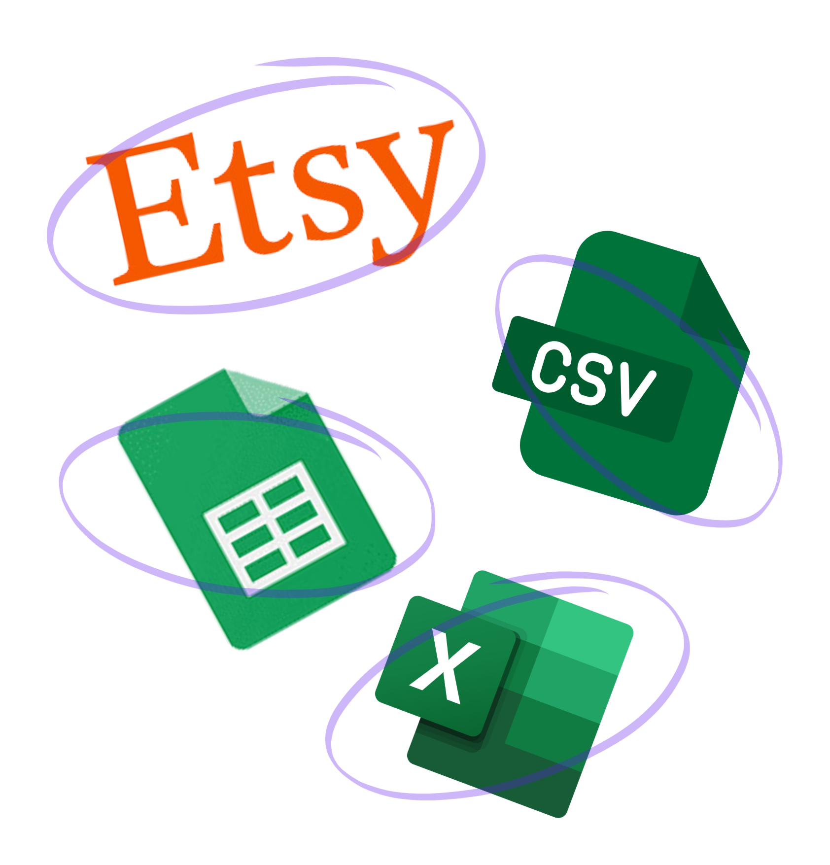 Logo of Etsy, CSV Files, Google Sheets and Microsoft Excel